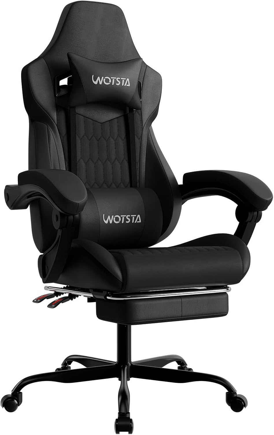Video Gaming & Esports Usd Acc - フットレスト付きゲーミングチェア、高背もたれゲーミングチェア、PVCレザー製、人間工学に基づいたデザイン、調整可能なヘッドレストとランバーサポート付き、レーシングスタイル、オフィスや家庭用ビデオゲームチェア（ブラック）